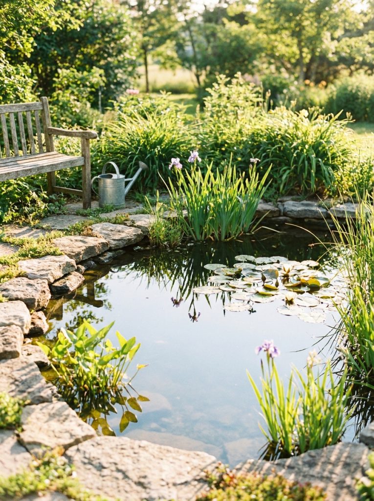 Simple beautiful DIY backyard pond with rock edging aquatic plants and calm clear reflective water in sunny garden