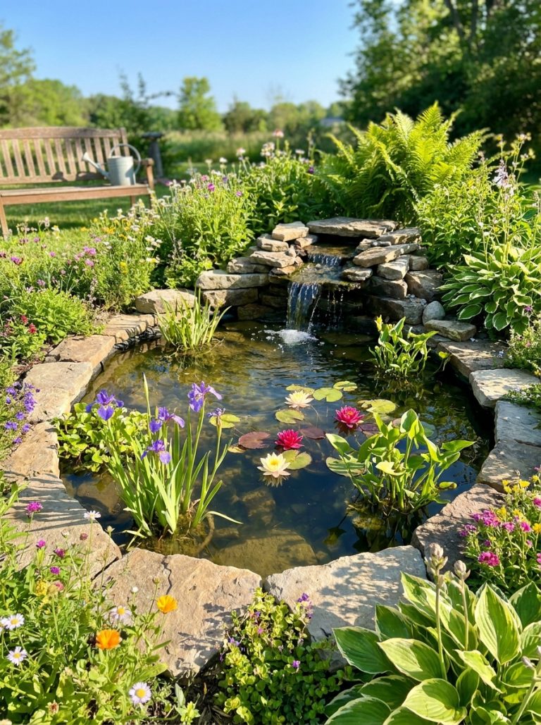 Beautiful DIY backyard pond with rocks aquatic plants small waterfall and lush surrounding planting in sunny garden