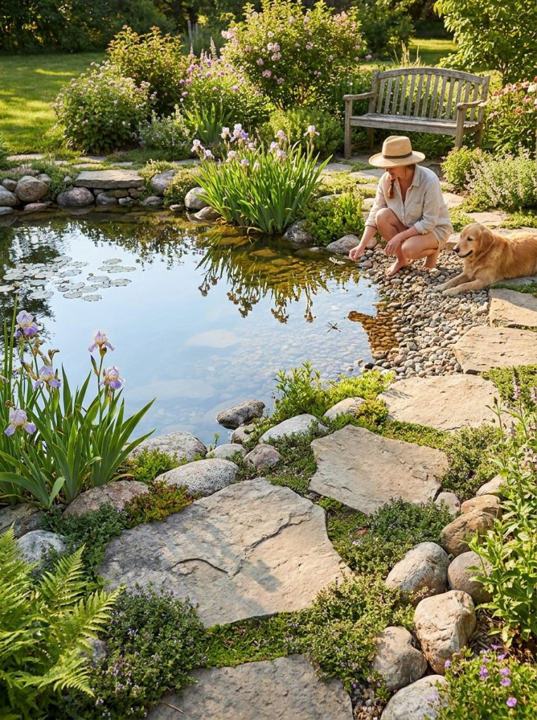 Beautiful ground level DIY backyard pond flush with lawn with natural rock edging blending into grass and surrounding plants