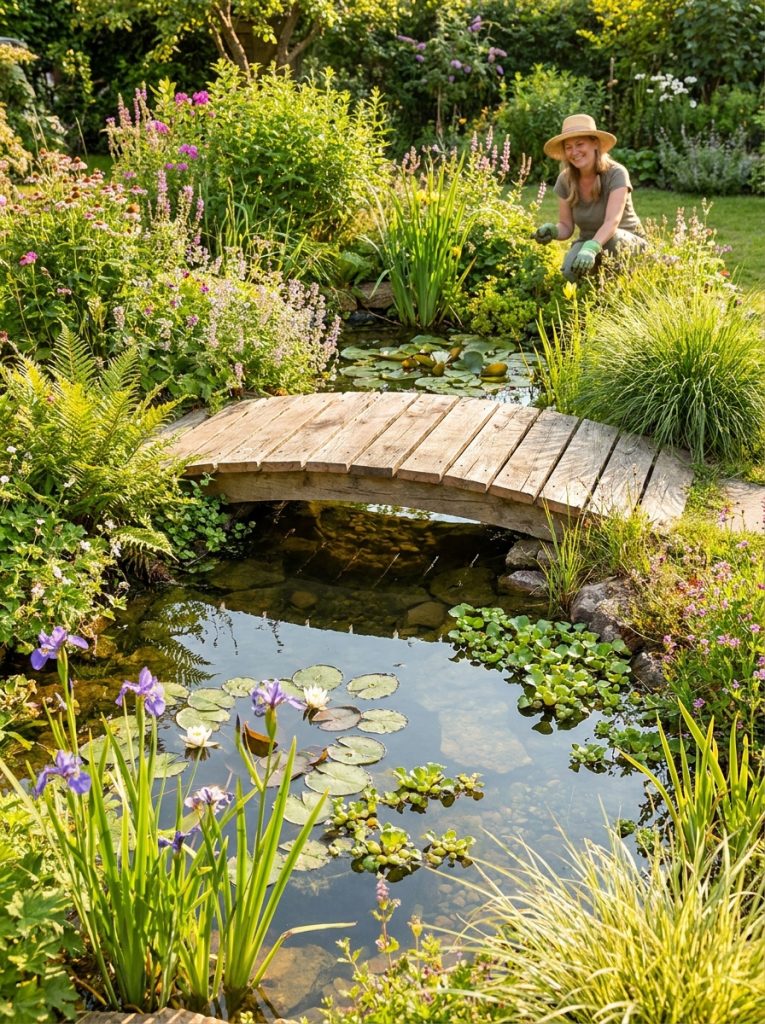Beautiful DIY backyard pond with decorative wooden bridge crossing over natural pond with aquatic plants in sunny garden