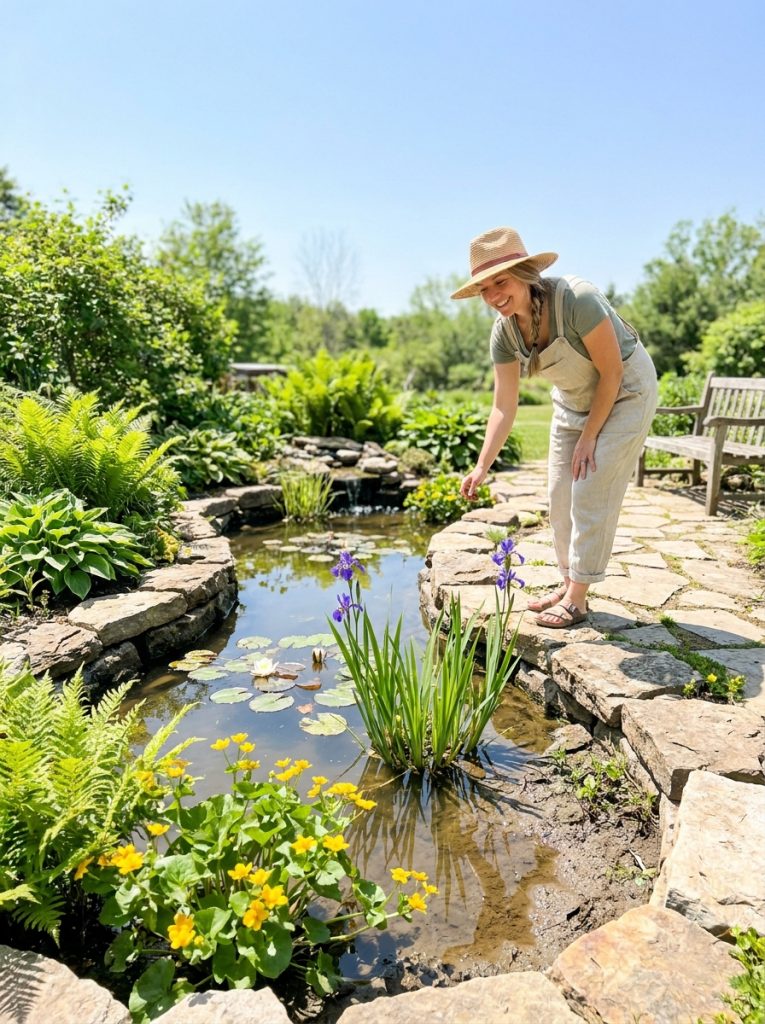 Beautiful natural DIY backyard pond with irregular rocks along edge water plants and moisture-loving plants in sunny garden