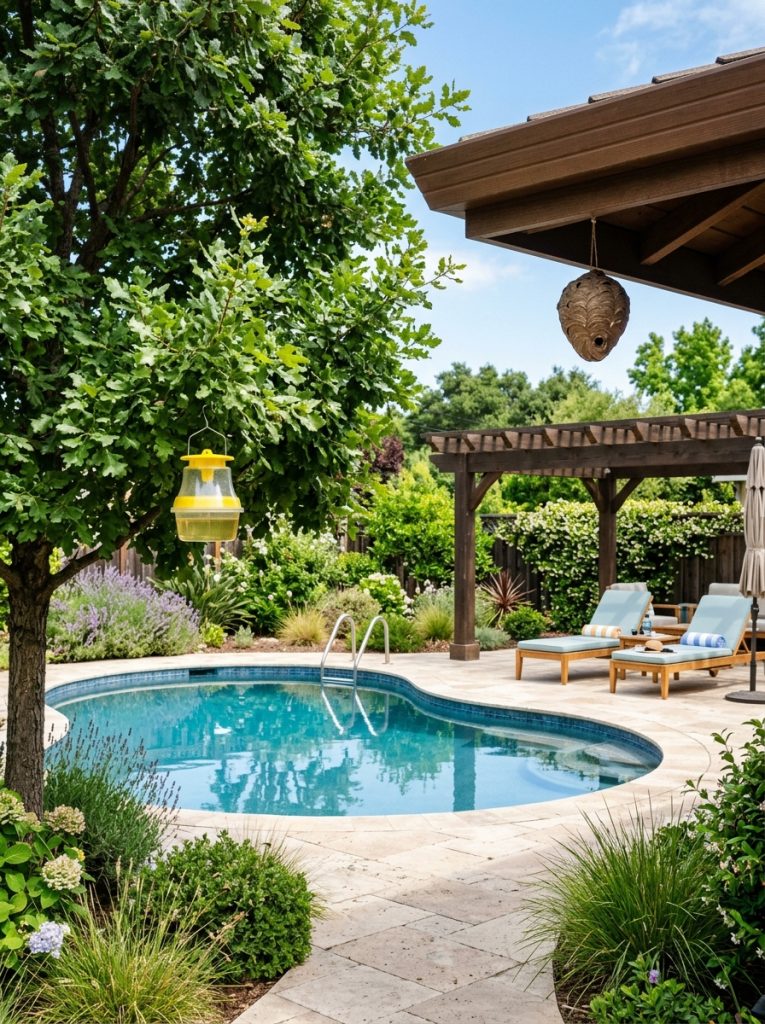 Backyard pool area with wasp trap in tree and fake nest decoy under pergola