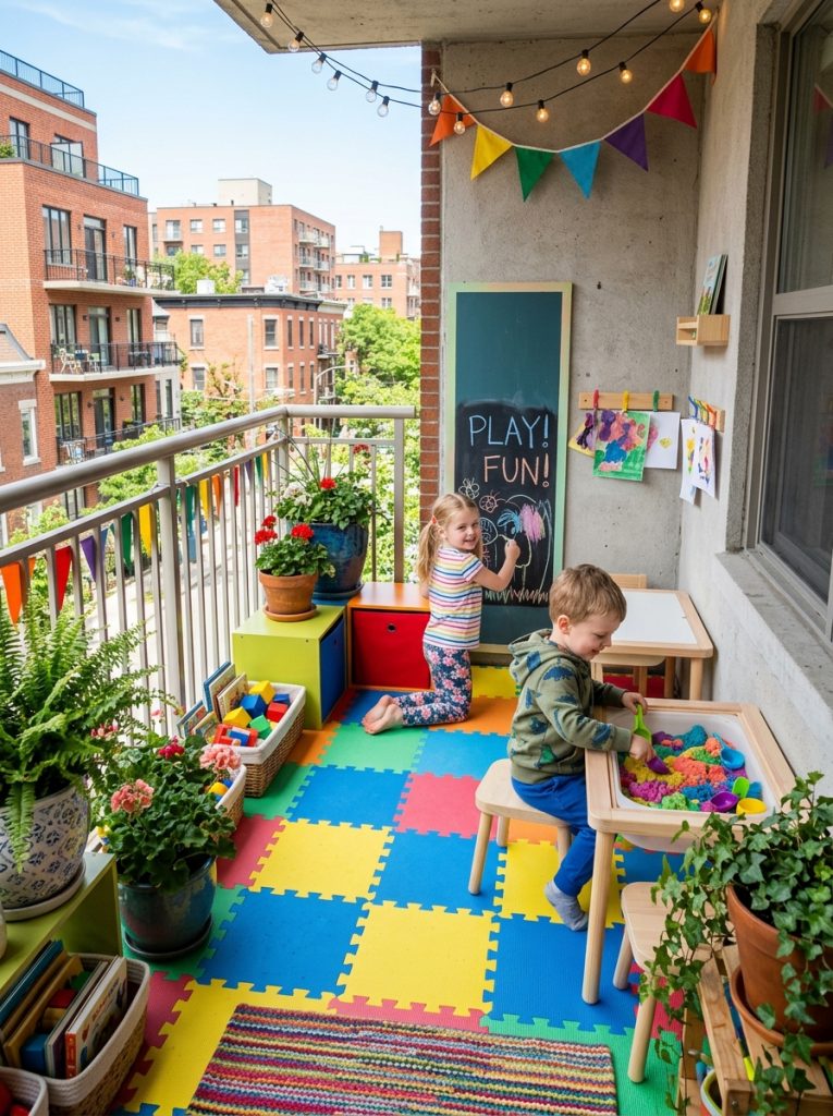 Small apartment balcony transformed into colorful bright kids play area with foam tiles