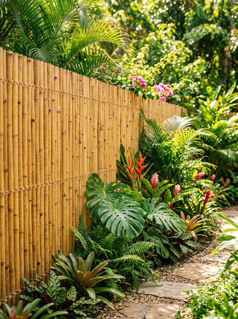 Beautiful bamboo fence with natural bamboo roll creating warm organic boundary with tropical plants in sunny garden