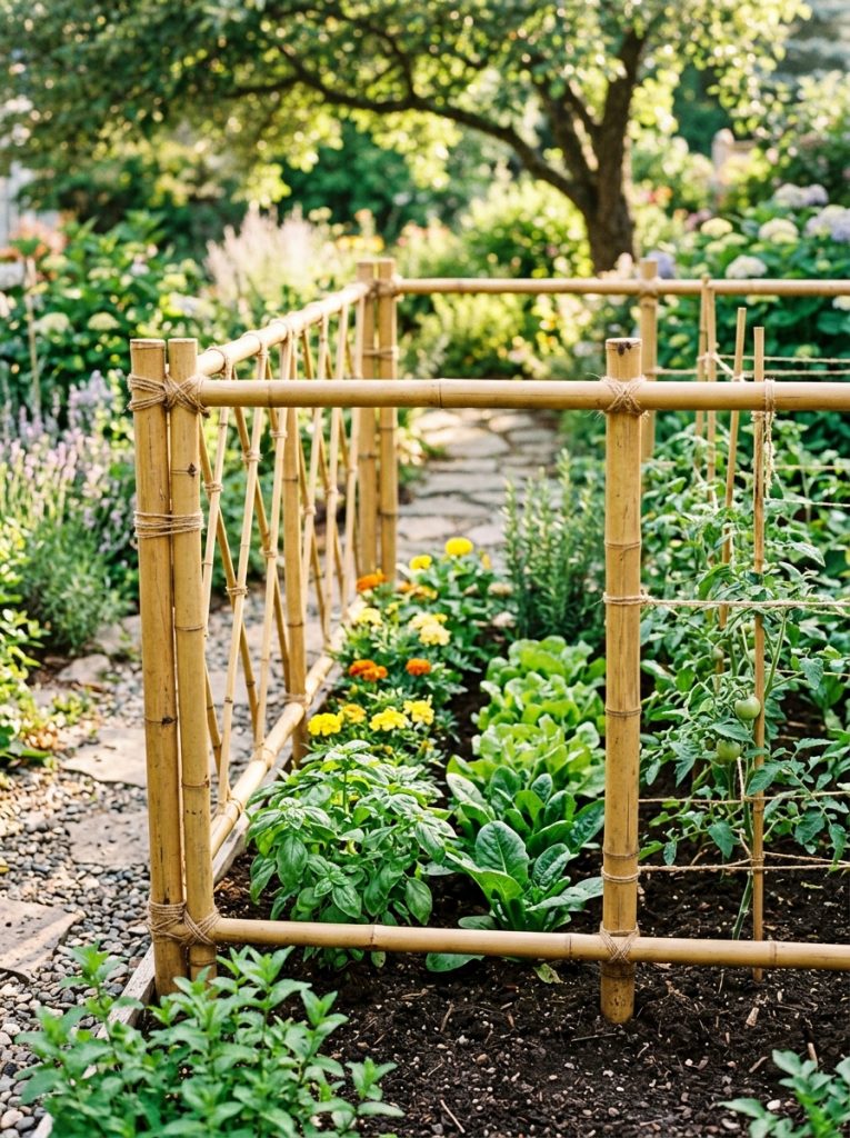 Charming DIY bamboo pole enclosure tied with jute twine around vegetable and herb garden