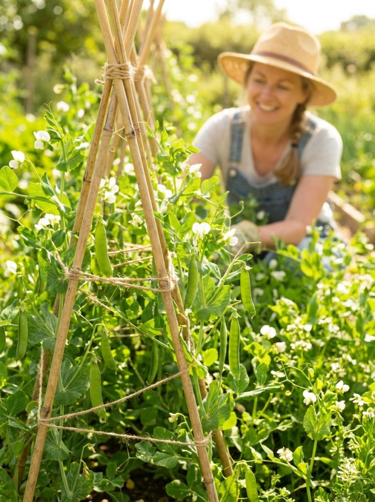  Beautiful DIY bamboo pea trellis in wigwam structure with pea plants climbing up string between canes in sunny vegetable garden 