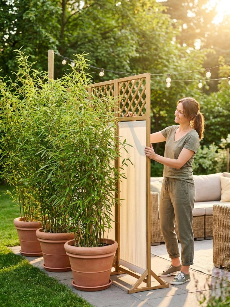Renter friendly temporary privacy fence with large potted bamboo plants in a row and freestanding screen panels 