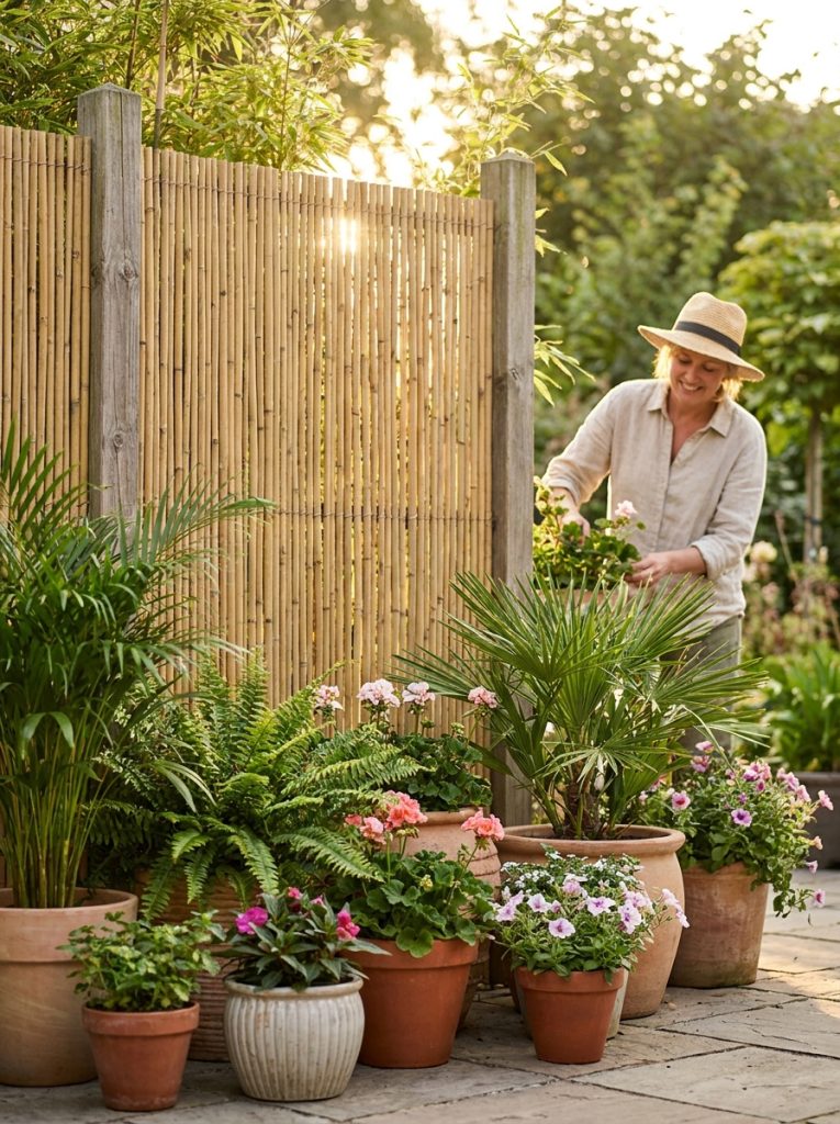 t: Beautiful bamboo roll fence attached to garden posts creating private tropical backyard feel with potted plants