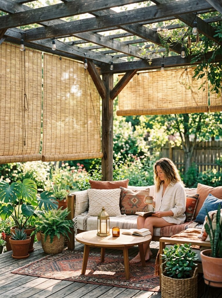 Bamboo roll shade hanging from deck pergola filtering warm sunlight below