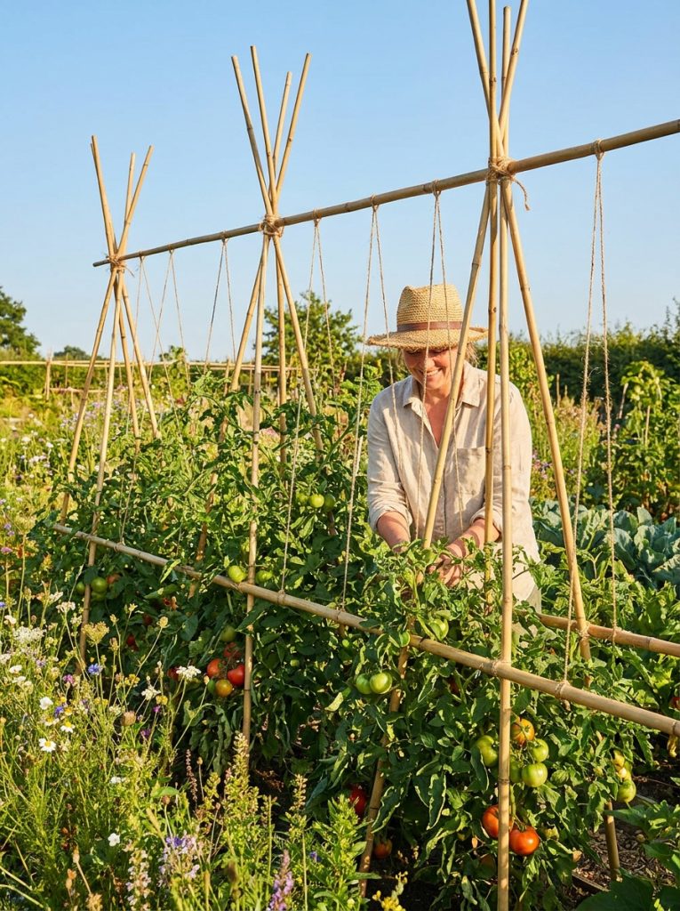  Beautiful bamboo stake tomato trellis DIY with stakes in teepee or row formation supporting green tomato plants with twine ties