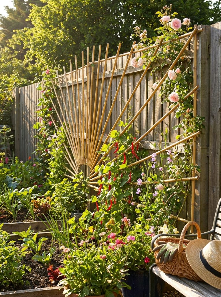 Creative bamboo pole trellis in fan shape with climbing plants trained up bamboo in neat rows in sunny garden 
