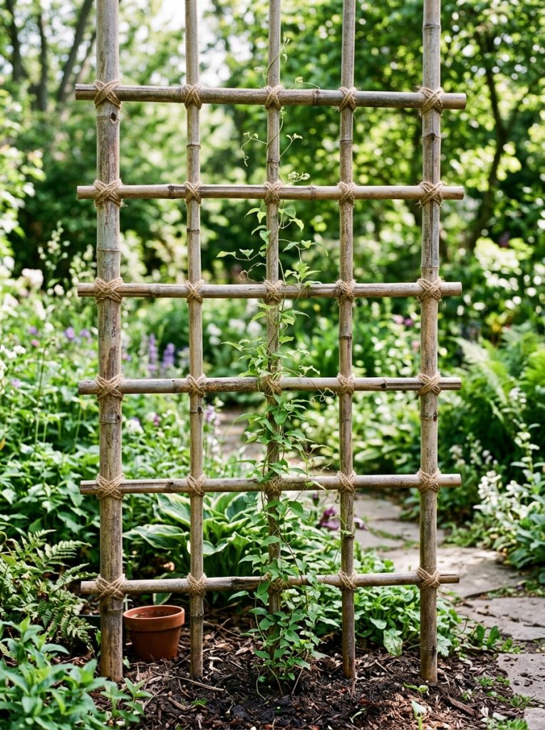 Handmade bamboo trellis wall with climbing vines for natural garden shade