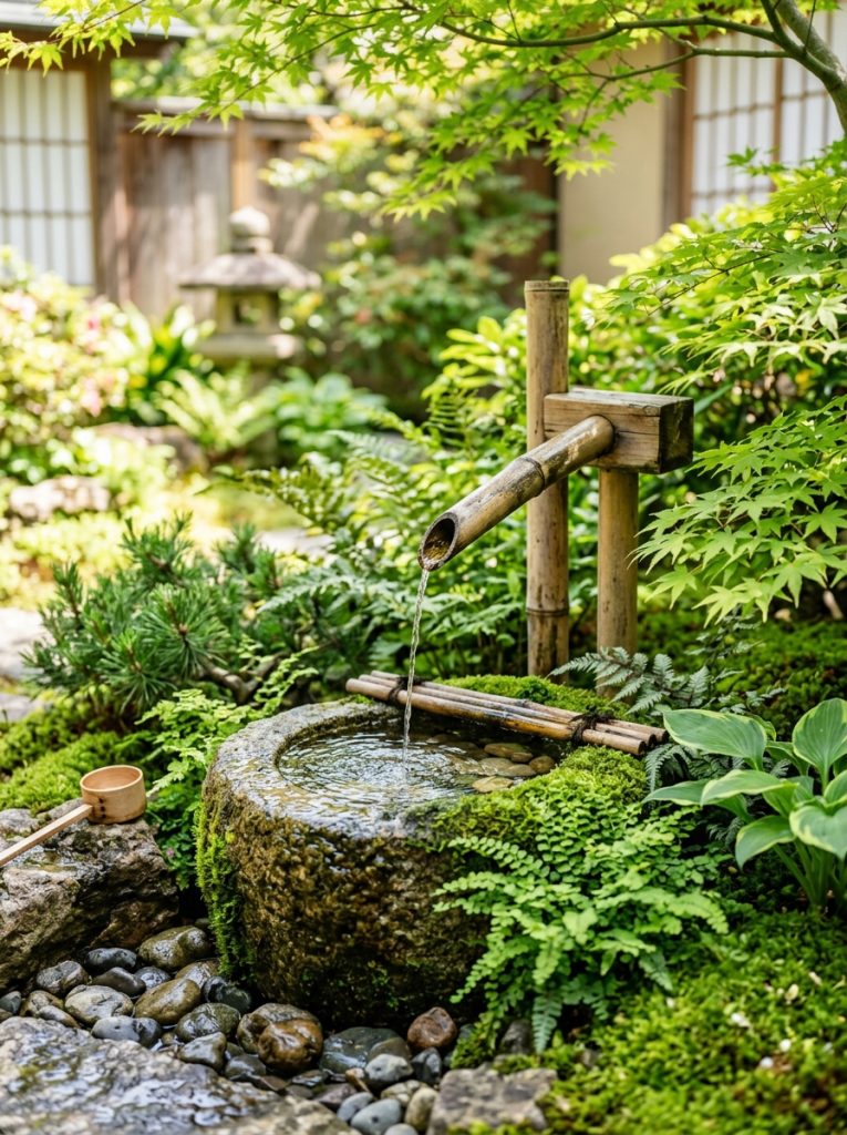  Beautiful bamboo zen water fountain with bamboo spout pouring into stone basin surrounded by moss rocks and Japanese garden plants