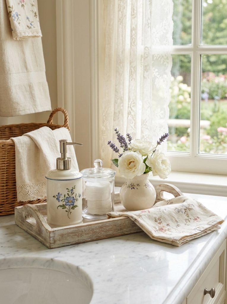 Beautiful french cottage bathroom accessories with soap dispenser cotton jar fresh flowers and vintage tray in soft cream tones 