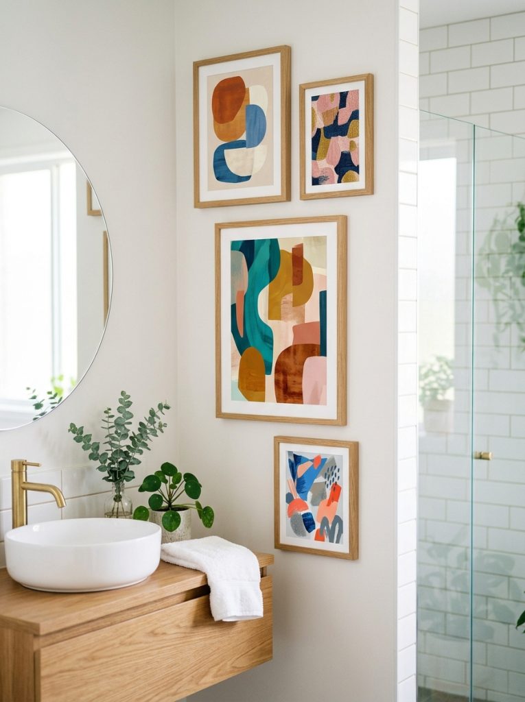 Beautiful abstract bathroom picture ideas with contemporary art prints bold shapes and colors in modern frames on wall