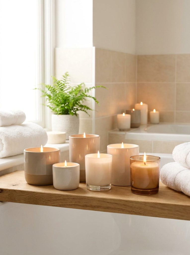 Beautiful bathroom candle decor with multiple candles in coordinating holders creating warm cozy glowing bathroom ambiance