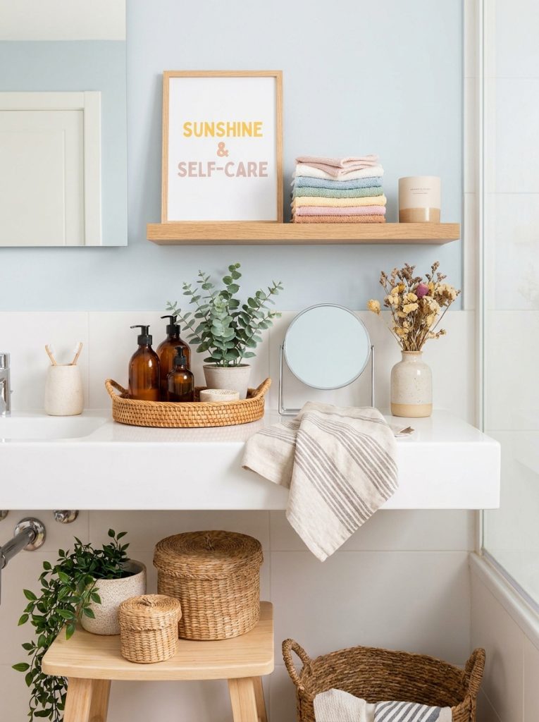 Beautiful aesthetic bathroom decor arrangement with curated stylish accessories in harmonious Instagram-worthy vignette