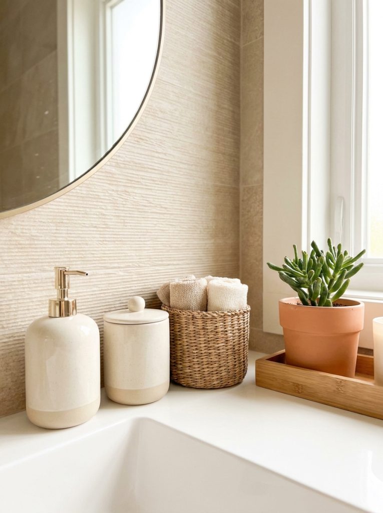 Beautiful neutral aesthetic bathroom decor with cream beige accessories cotton jar woven basket and small plant