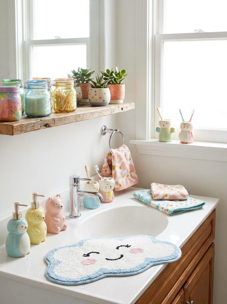 Cute fun bathroom decor with playful cheerful accessories in pastel colors and whimsical details in joyful display