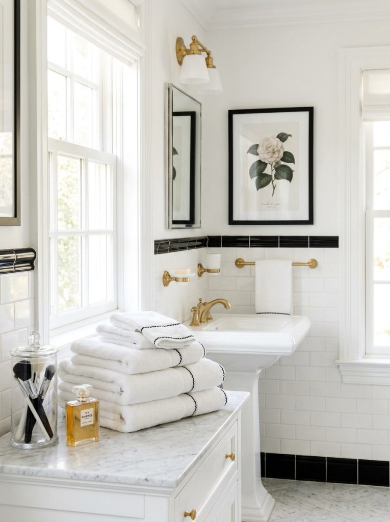 inspired bathroom decor with monochrome accessories and gold accents in sophisticated styling