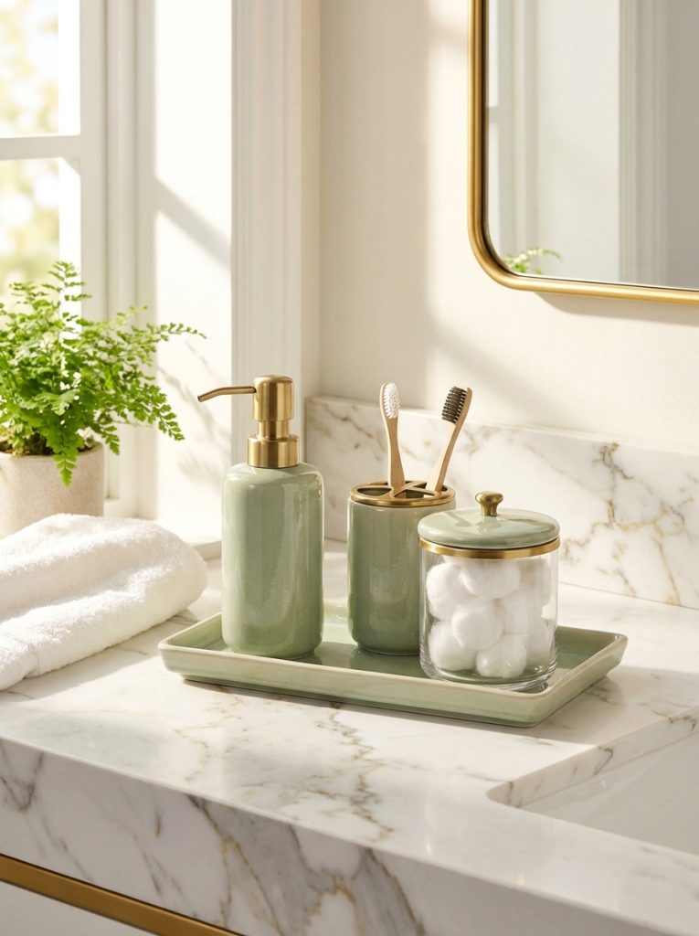 Beautiful complete bathroom decor set with matching soap dispenser toothbrush holder cotton jar and tray on marble countertop