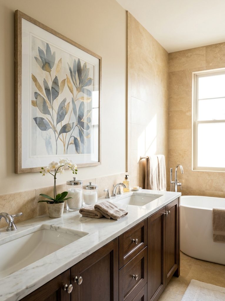 Beautiful hotel-style bathroom picture display with large format sophisticated art above luxurious vanity in elegant frame