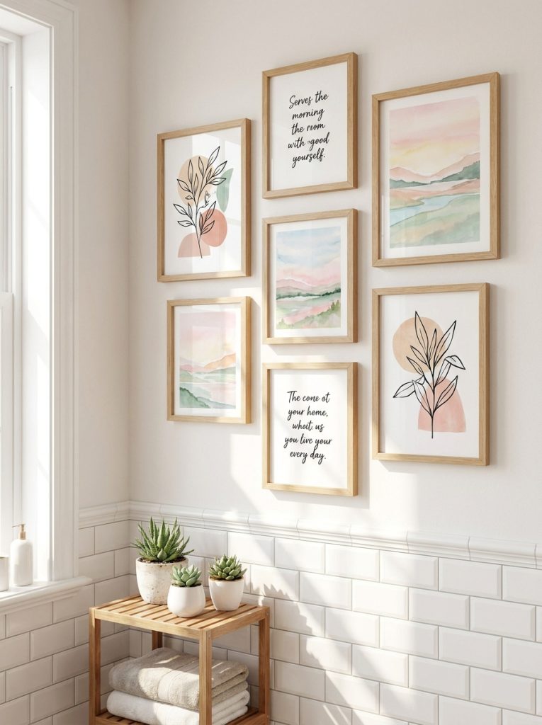 Beautiful aesthetic bathroom picture display with curated coordinating art prints in matching frames in intentional gallery wall