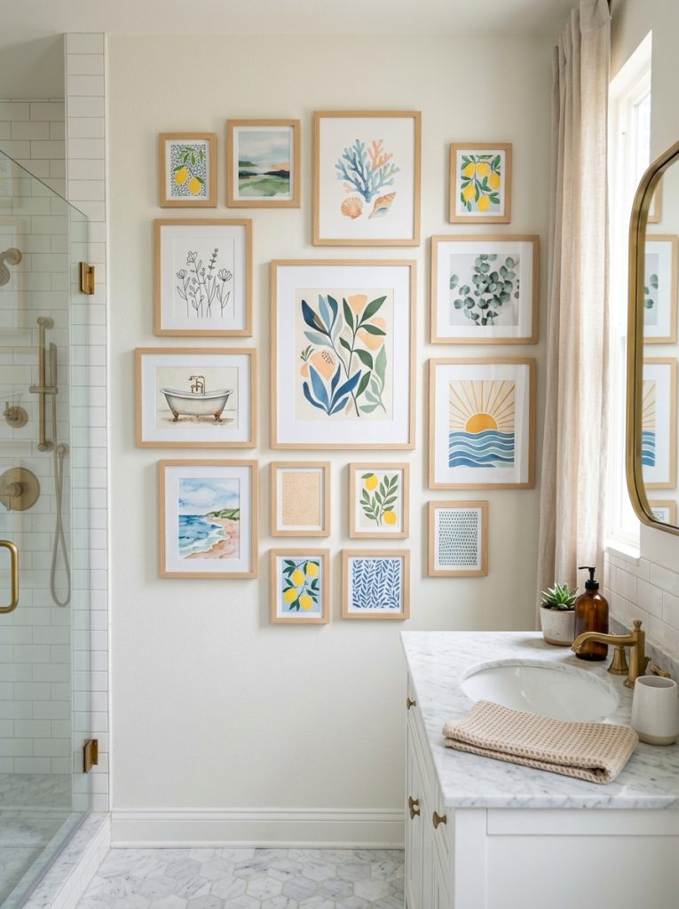 Beautiful complete bathroom gallery wall with curated coordinating art prints in mixed sizes and matching frames perfectly together