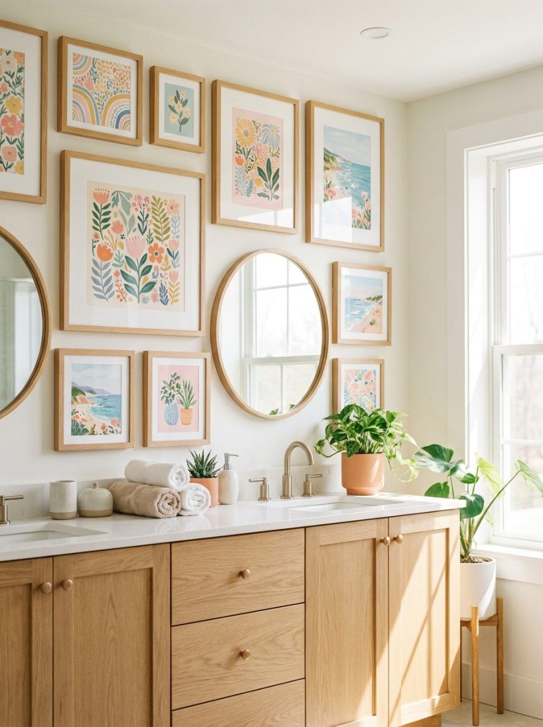 Beautiful bathroom gallery wall with coordinating framed art prints in matching finish arranged neatly above vanity