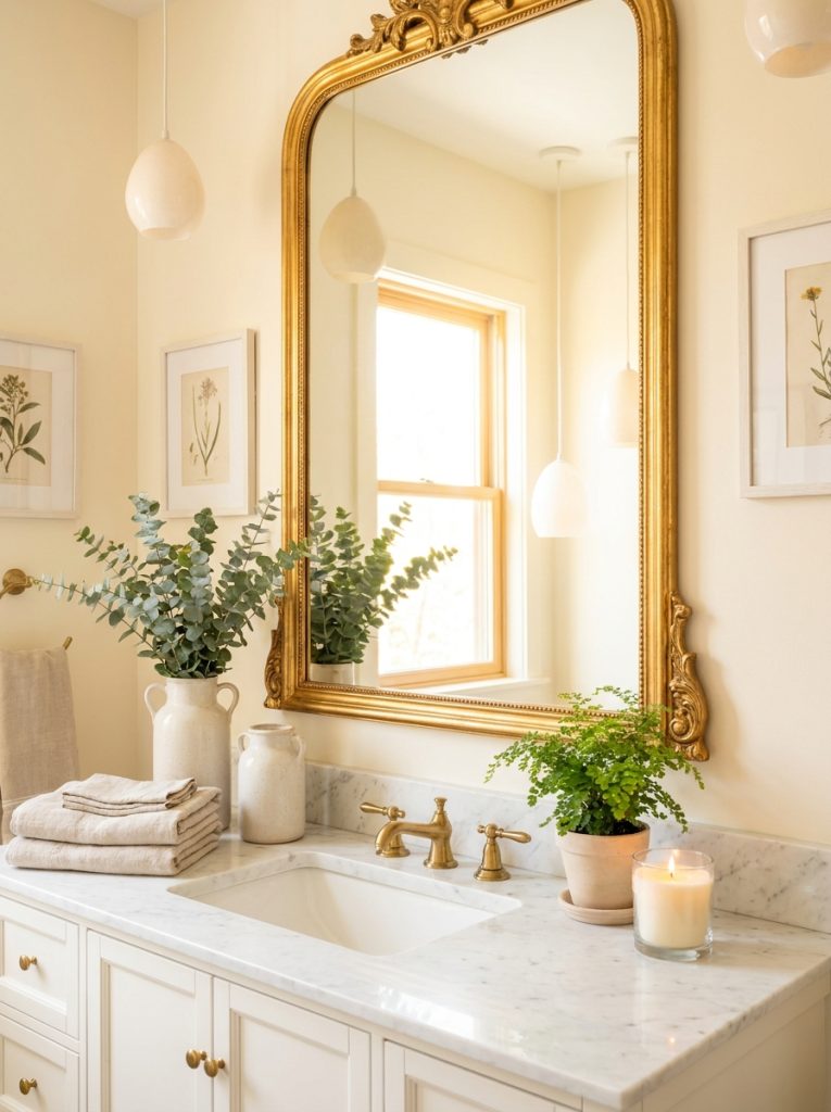 Beautiful bathroom mirror decor wall with decorative framed mirror above vanity and accessories below reflecting warm light