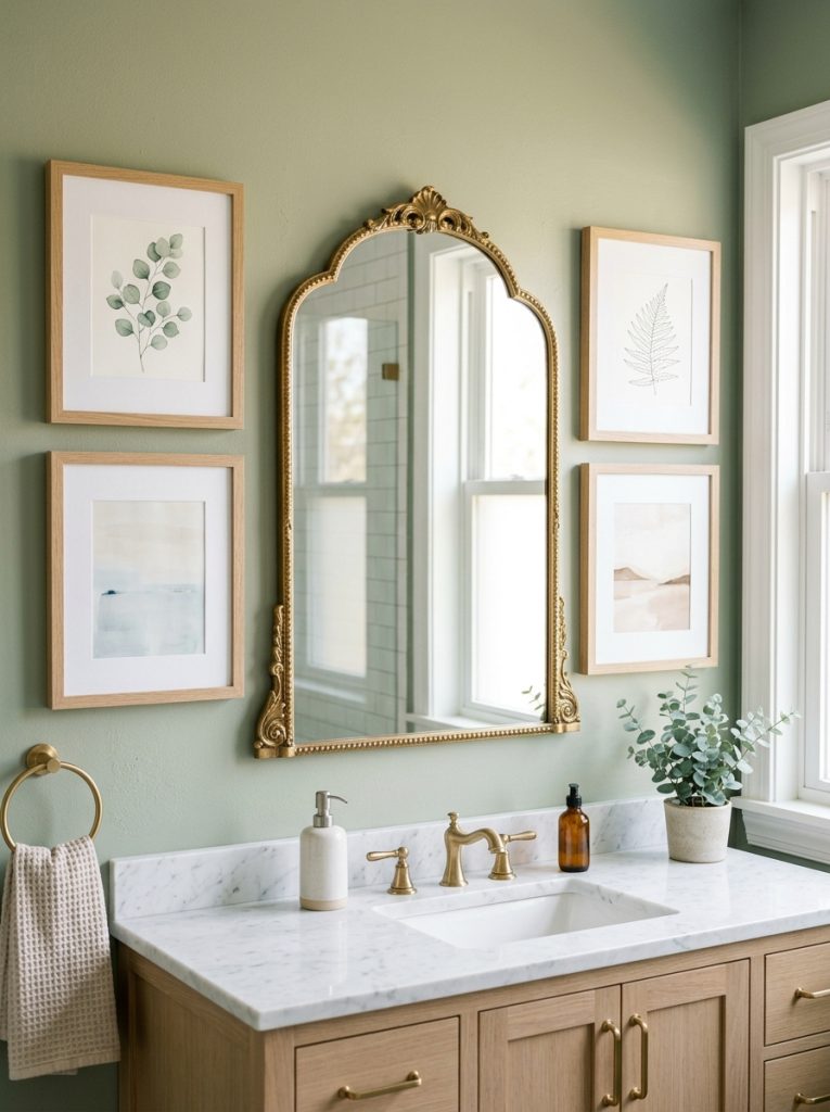 Beautiful bathroom wall combining decorative framed mirror in centre with coordinating art prints on either side in balanced arrangement
