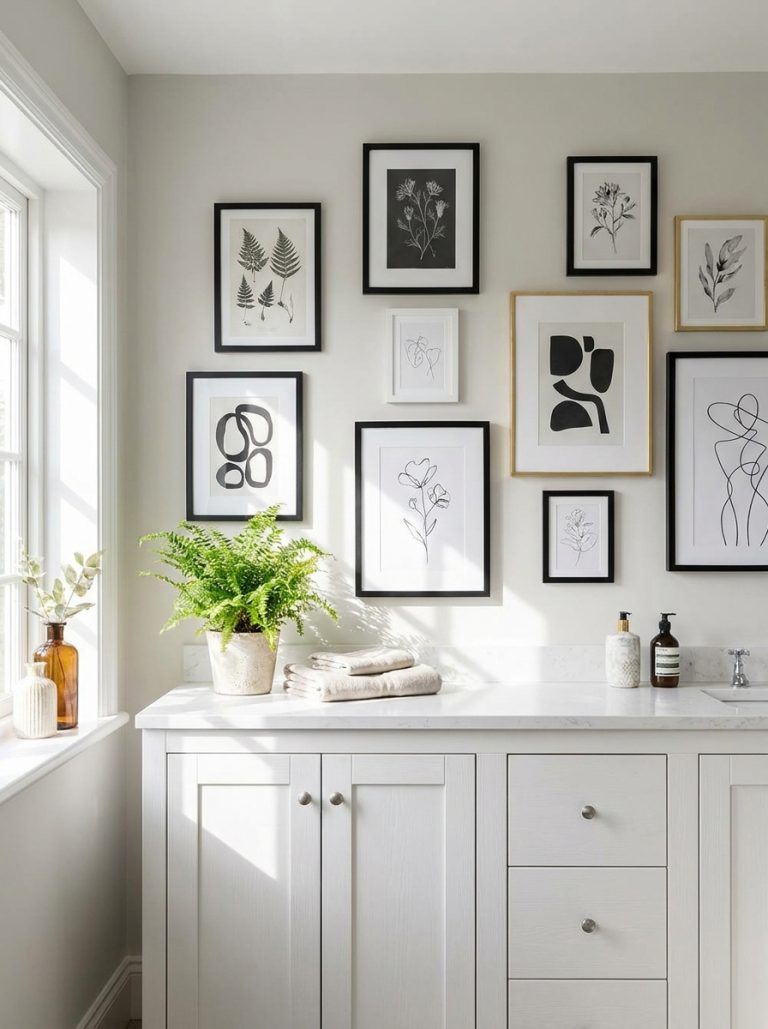: Beautifully decorated bathroom wall with framed art prints gallery wall above vanity in black white and gold coordinating frames