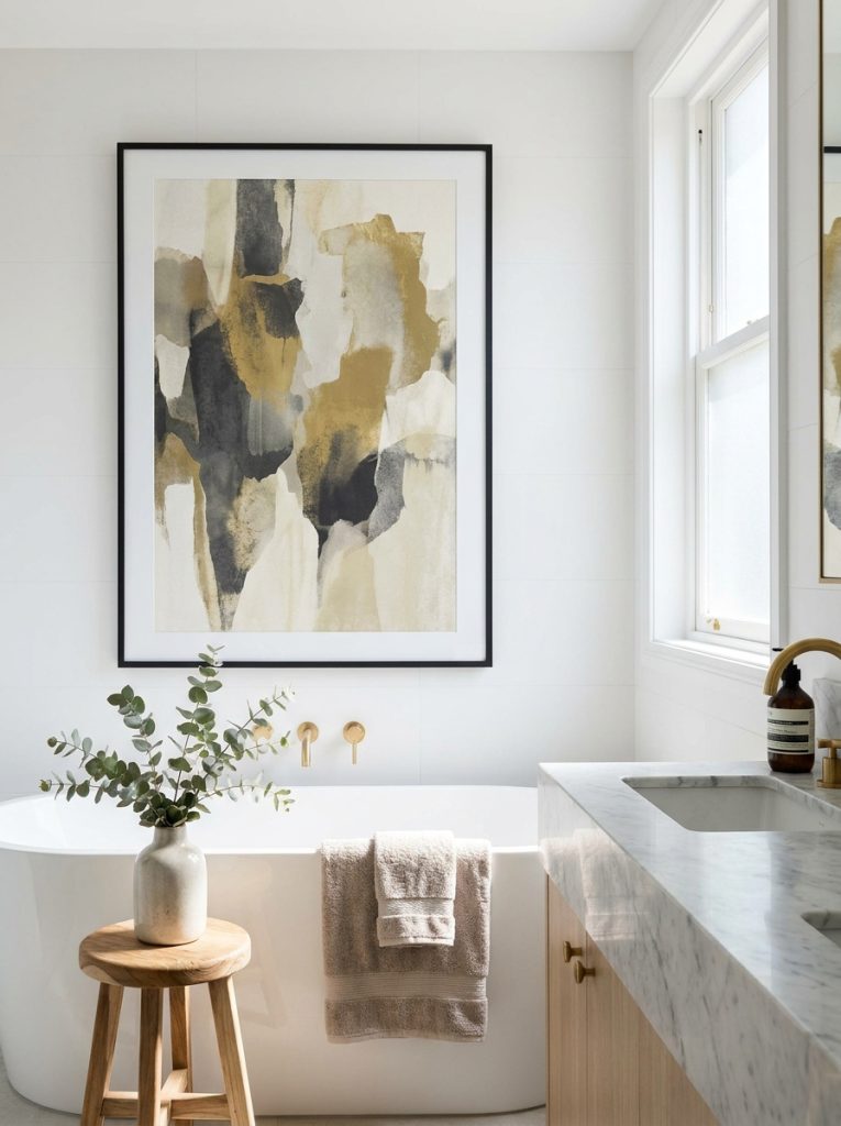 Beautiful modern elegant bathroom wall art with sophisticated abstract print in sleek black frame on white wall