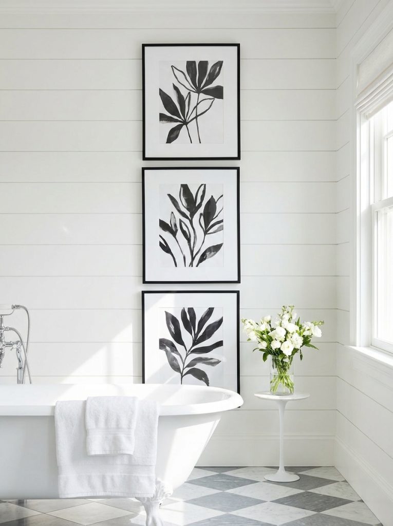 Beautiful black and white bathroom wall art with botanical prints in black frames on white wall in classic timeless display