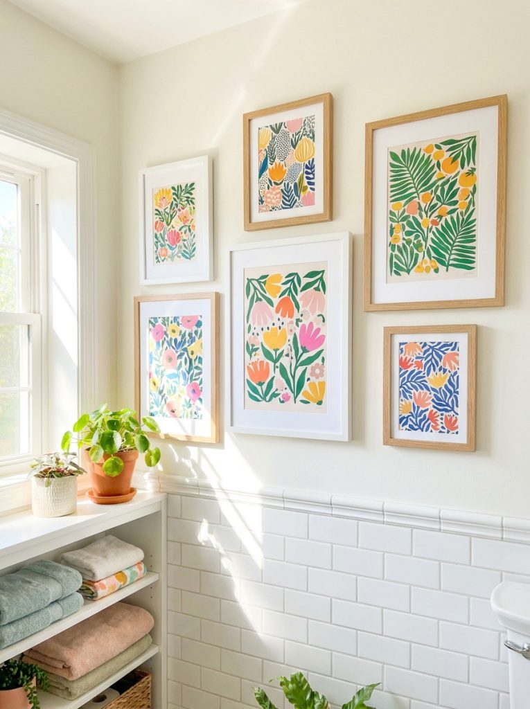 Beautiful printed and framed bathroom wall art downloaded and printed at home in simple frames creating affordable gallery wall