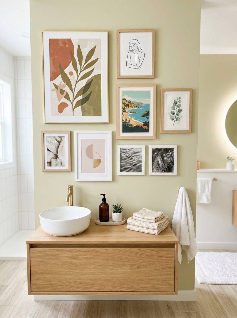 Beautifully styled bathroom with trending Instagram-worthy wall art gallery display looking stunning and photogenic