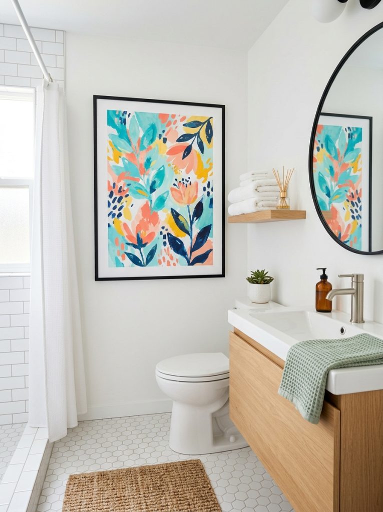 Beautifully decorated small bathroom with large format statement print making maximum visual impact in compact space