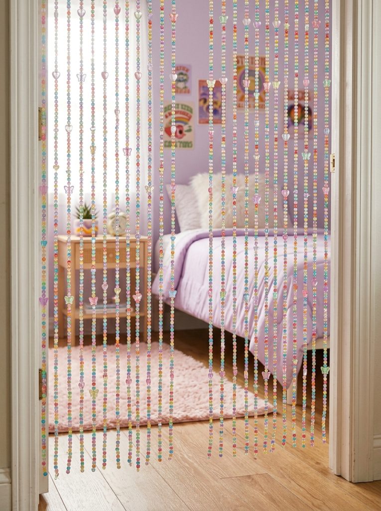 Beautiful beaded curtain Y2K room decor with colorful iridescent beads hanging in bedroom doorway creating authentic nostalgic 2000s feel