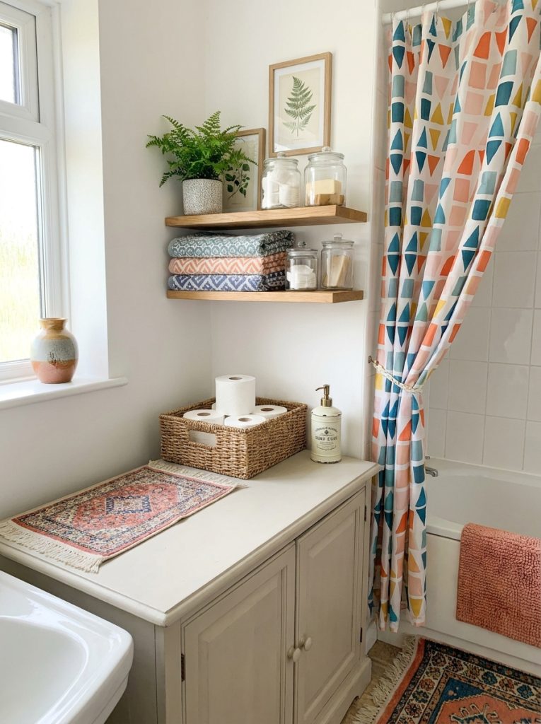 Beautifully decorated bathroom achieved on budget with affordable accessories cleverly styled into beautiful display