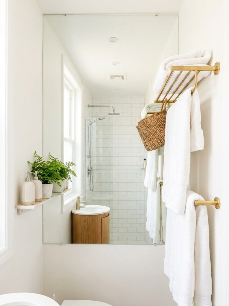 Beautifully decorated tiny bathroom with large mirror wall-mounted accessories and minimal carefully chosen decor for maximum impact