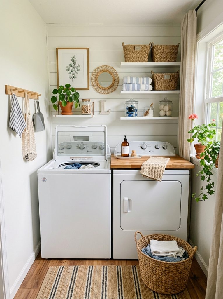 Beautifully decorated small laundry room with top loader machine framed art small plant and coordinating baskets 