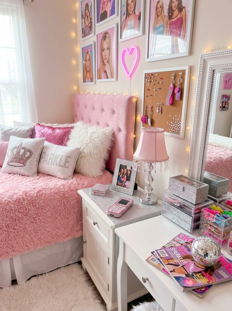 Beautiful McBling Y2K DIY room decor with rhinestones pink chrome sparkly accessories bedazzled frames and maximalist glam elements