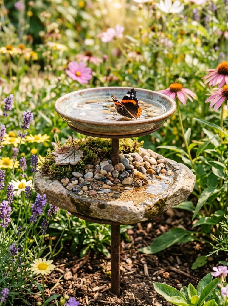  Beautiful combined bee and butterfly puddler station with two sections both with water bee and butterfly visiting in garden 