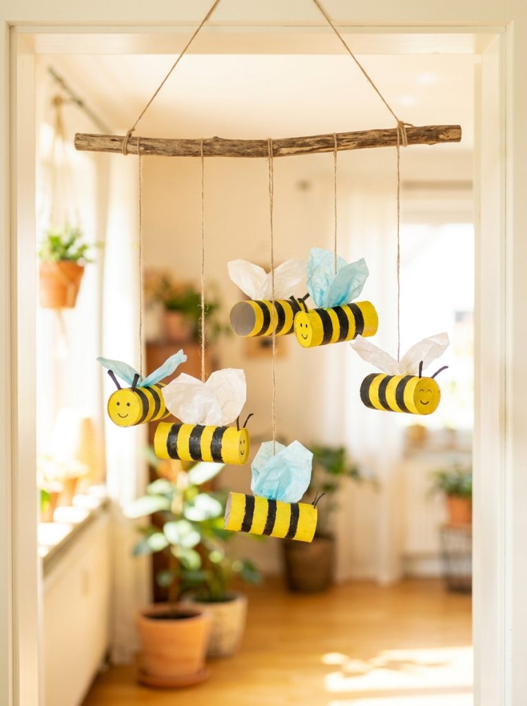  Adorable hanging bee insect crafts from toilet paper tubes with yellow black stripes and tissue paper wings as mobile 