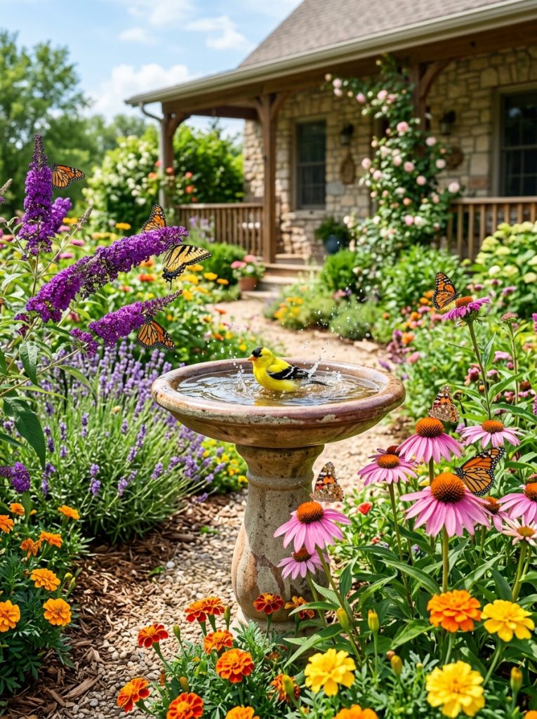 Front yard bird bath surrounded by butterfly garden with buddleia lavender coneflowers and butterflies