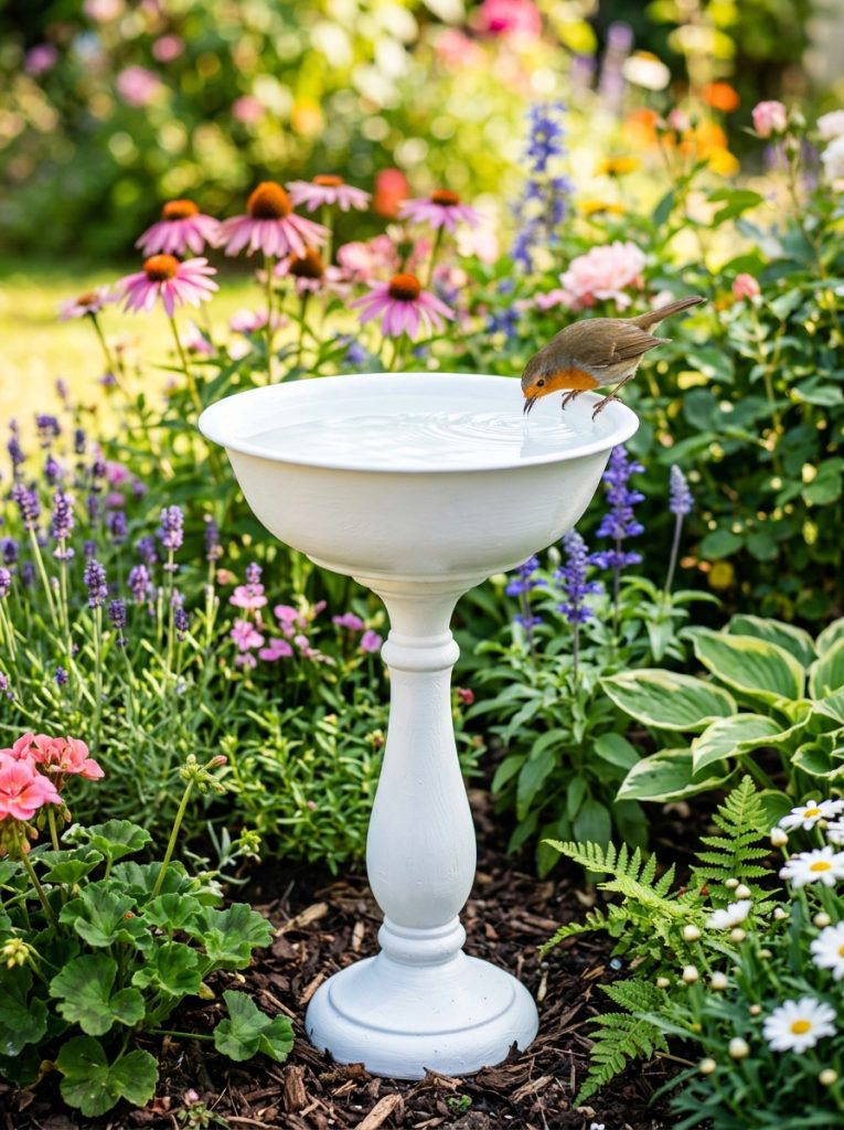 Dollar store glass candlestick glued to wide bowl spray painted white as bird bath in flower garden