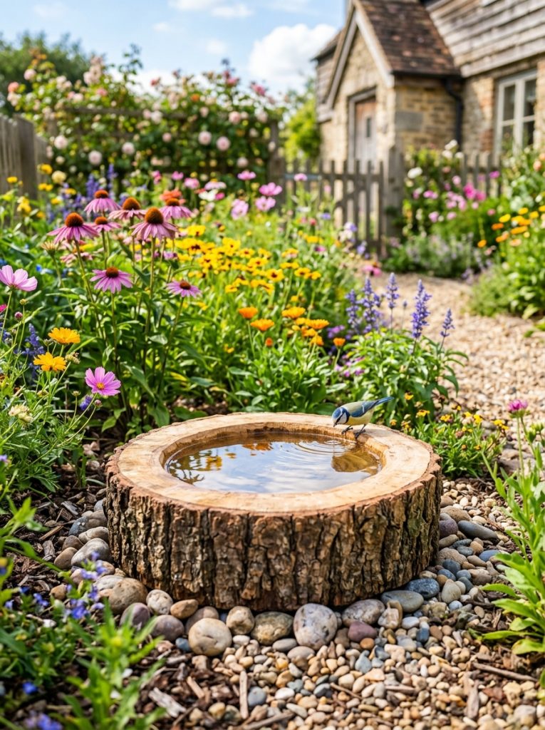 Simple rustic DIY log slice bird bath on ground surrounded by wildflowers and pebbles in front yard