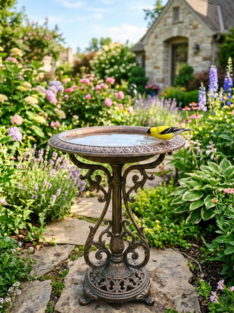 Ornate metal bird bath with decorative bronze scrollwork stand and colorful bird in front yard