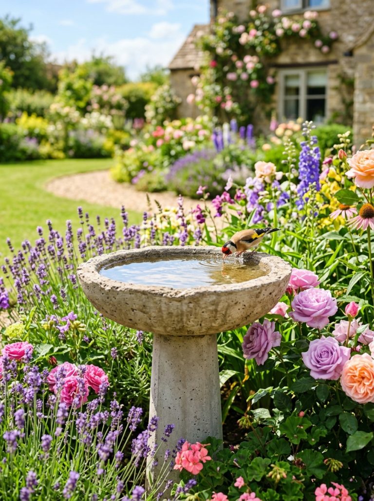Beautiful homemade concrete bird bath with bird drinking surrounded by flowers in sunny yard