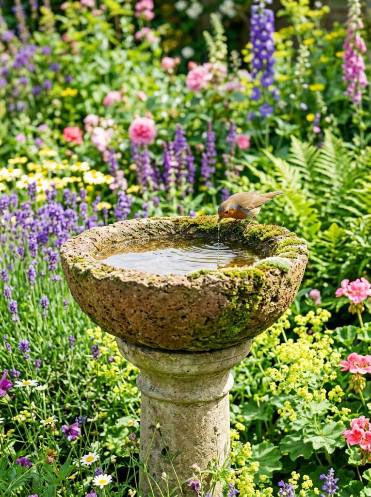 Homemade hypertufa concrete bird bath bowl with textured surface and bird drinking in cottage garden